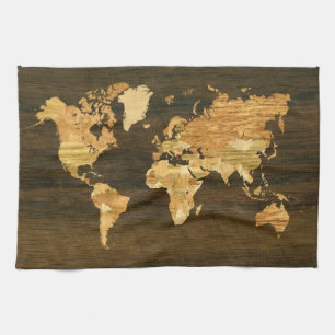 Wooden World Map Tea Towel