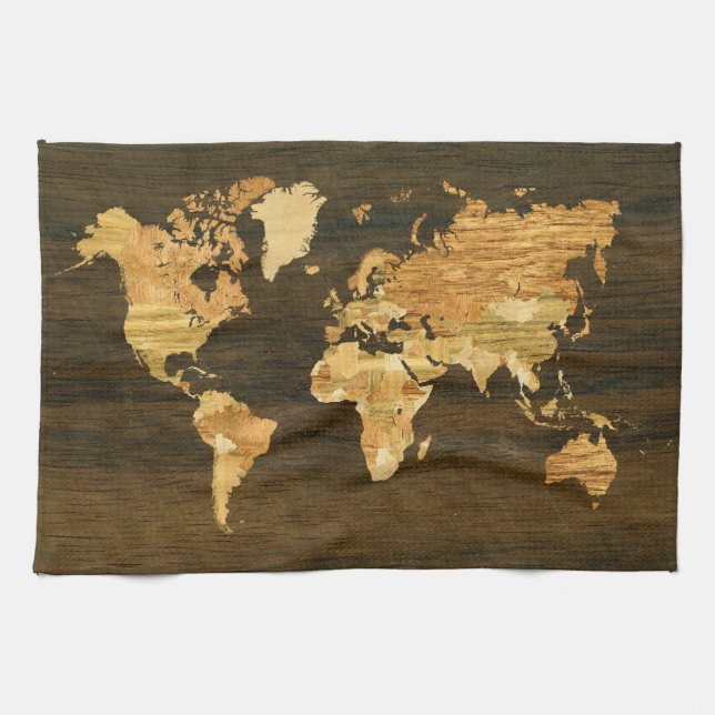 Wooden World Map Tea Towel (Horizontal)