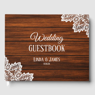 Woodgrain and Lace Wedding Guestbook