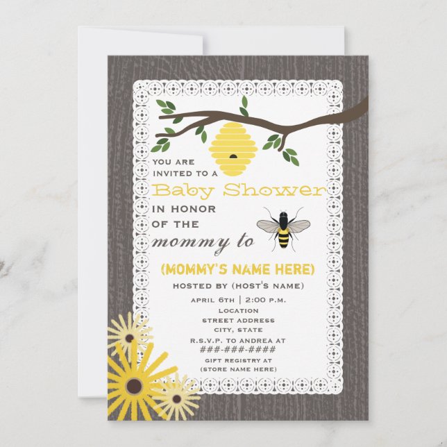 Woodgrain Inspired Honey Bee Themed Baby Shower Invitation (Front)