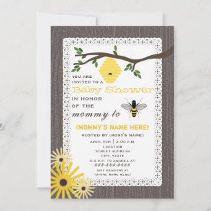 Woodgrain Inspired Honey Bee Themed Baby Shower Invitation