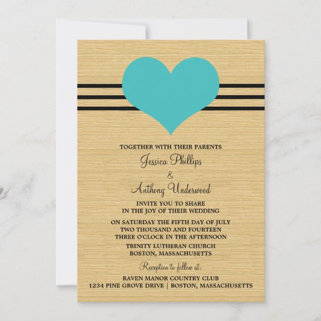 Woodgrain Mod Heart Wedding Invite, Aqua Invitation (Front)