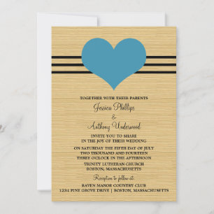 Woodgrain Mod Heart Wedding Invite, Blue Invitation