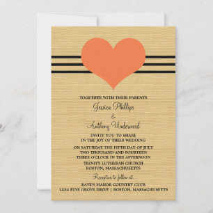 Woodgrain Mod Heart Wedding Invite, Orange Invitation