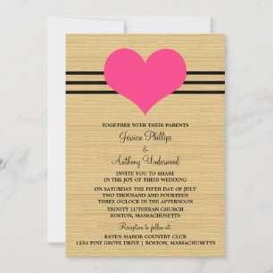 Woodgrain Mod Heart Wedding Invite, Pink Invitation