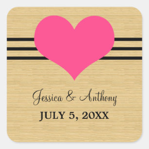 Woodgrain Mod Heart Wedding Stickers, Pink Square Sticker