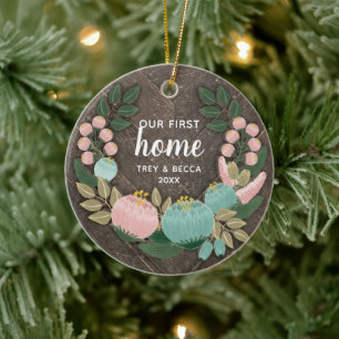 Woodgrain Our First Home Personalised Boho Florals Ceramic Ornament