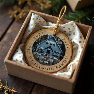 Woodgrain Slice First Christmas In Our New Home Ceramic Ornament