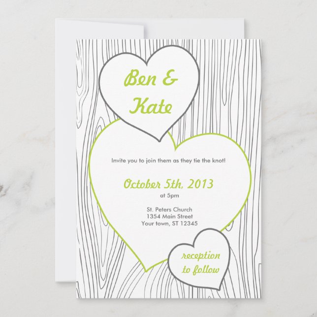 Woodgrain Wedding Invitations - Light green, grey (Front)