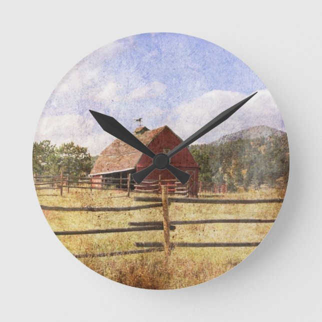 Woodgrain Western Country Farm Primitive Red Barn Round Clock (Front)