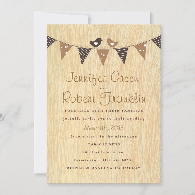 Woodgrain with Love Birds on Banner Invitation (Front)