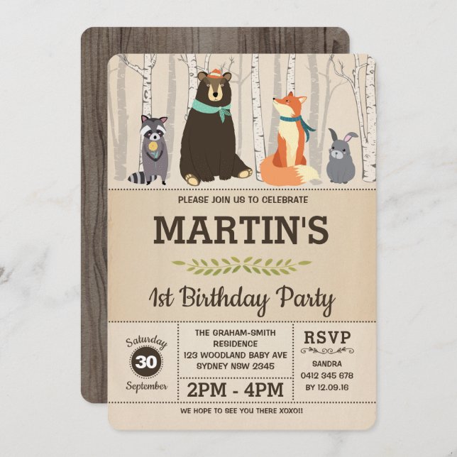 Woodland 1st Birthday Baby Animals Forest Party Invitation (Front/Back)
