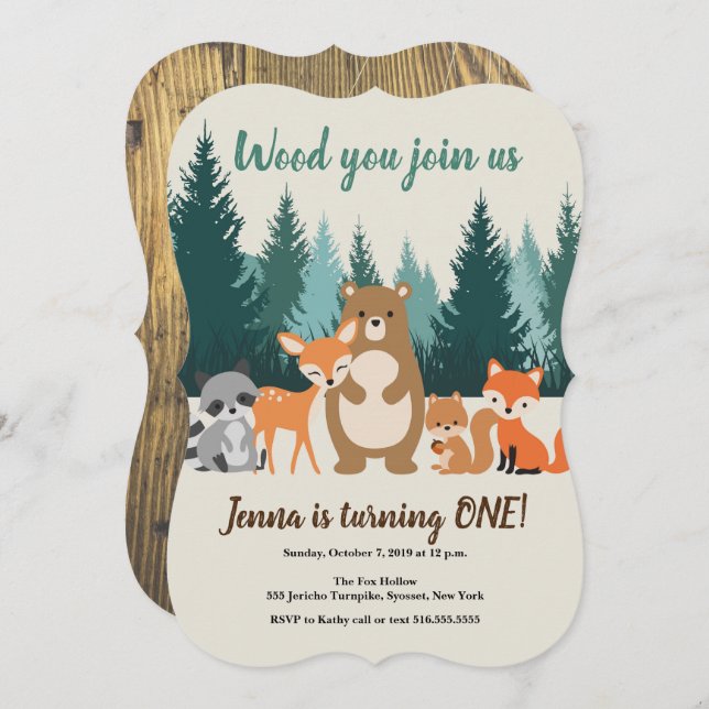 Woodland 1st Birthday Forest Animals Greenery Invitation (Front/Back)