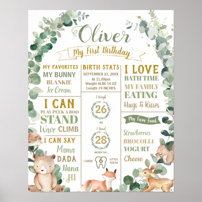Woodland 1st Birthday Milestone Birth Stats    Poster (Front)
