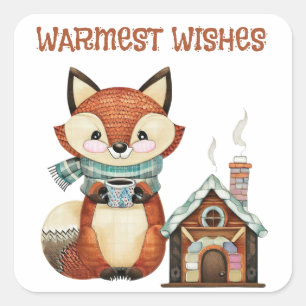 Woodland adorable fox with coffee Best wishes Square Sticker