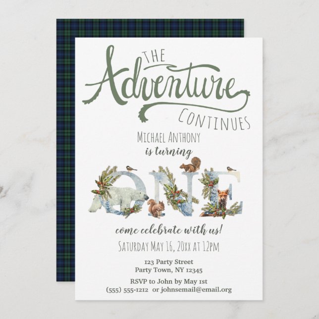 Woodland Adventure First Birthday Invitation (Front/Back)