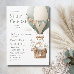 Woodland Air Balloon Silly Goose Bow Baby Shower Invitation