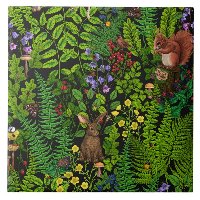 Woodland amimals and plants ceramic tile (Front)