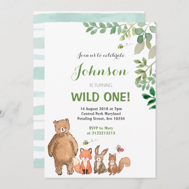 Woodland Animal 1st Birthday Invitation Boy. (Front/Back)