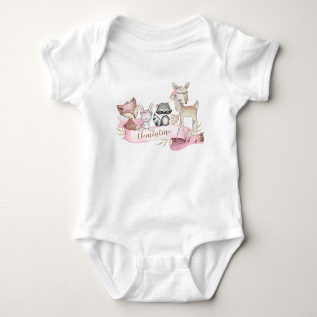 Woodland Animal Baby Girl Personalised Bodysuit (Front)