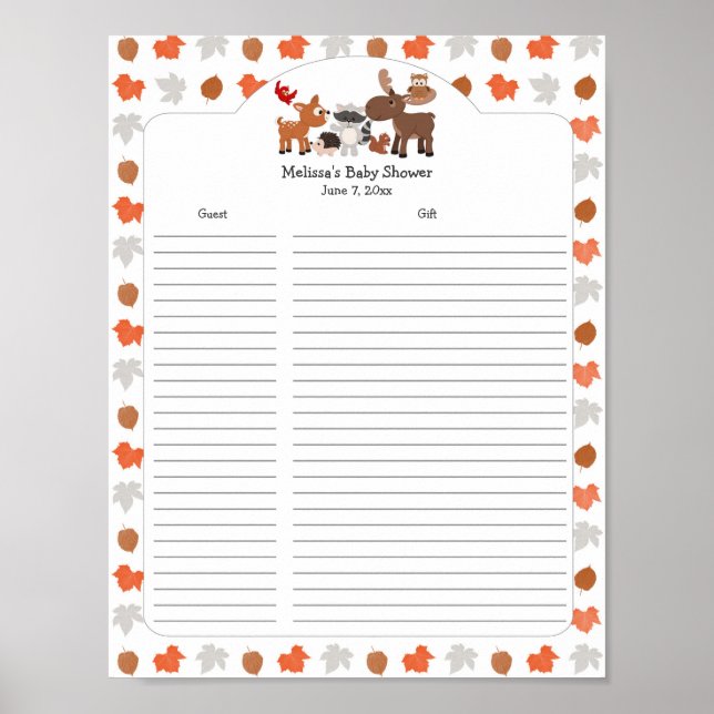 Woodland Animal Baby Shower Gift List / guest list Poster (Front)