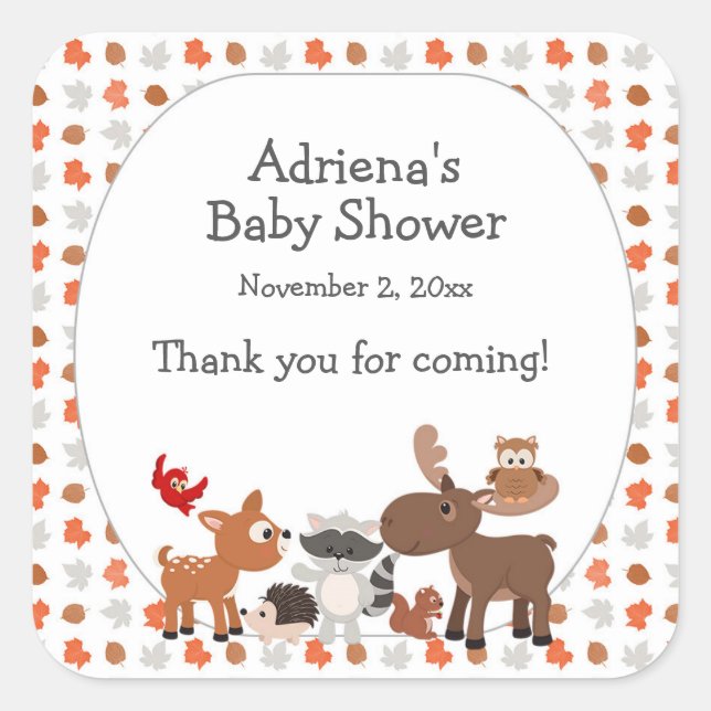 Woodland Animal Baby Shower Large Favour Square Sticker (Front)