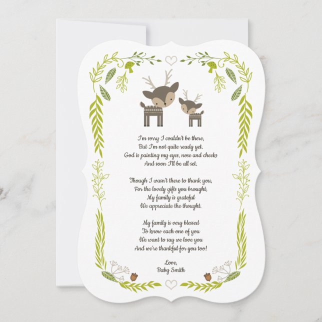 Woodland animal baby shower thank you note + poem card (Front)