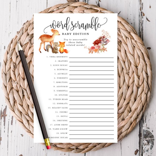 Woodland Animal Baby Word Scramble Paper Game Card (Have some fun at your shower with this word scramble game.)