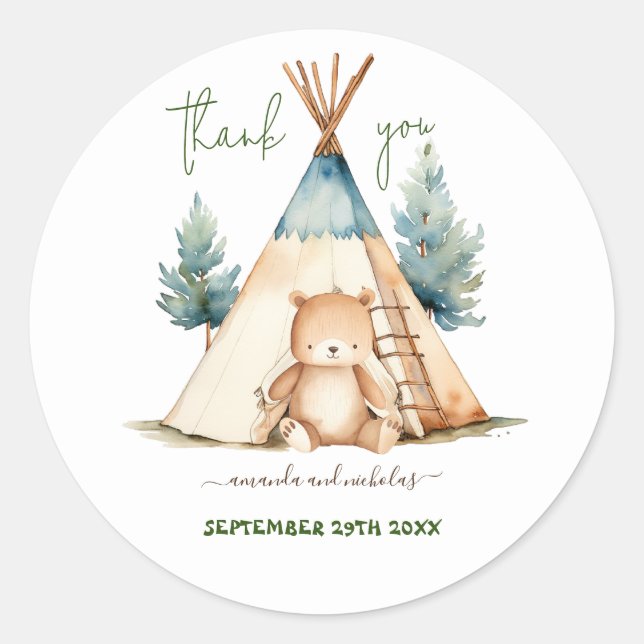 Woodland Animal Bear Baby Shower Thank You Classic Round Sticker (Front)
