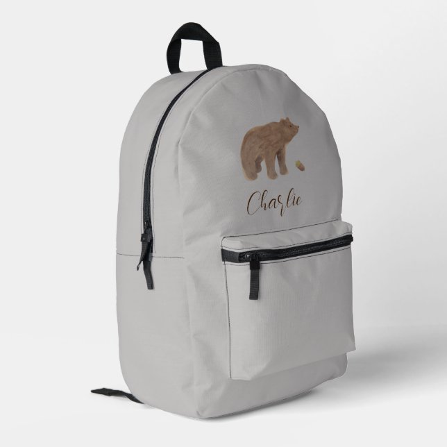 Woodland Animal Bear Script Monogram Printed Backpack (Back Corner Left)