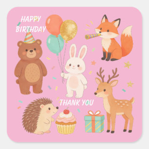 Woodland Animal Birthday Party Favour Square Sticker
