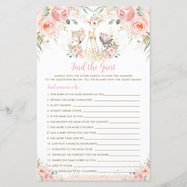 Woodland Animal Blush Floral Find the Guest Game (Front)