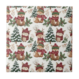 Woodland Animal Christmas Pattern with Fox & Owl Ceramic Tile