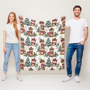 Woodland Animal Christmas Pattern with Fox & Owl Fleece Blanket
