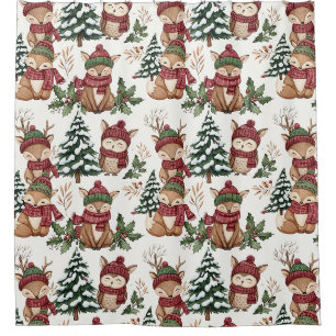 Woodland Animal Christmas Pattern with Fox & Owl Shower Curtain