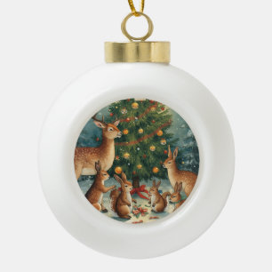 Woodland Animal Christmas Scene Ceramic Ball Christmas Ornament