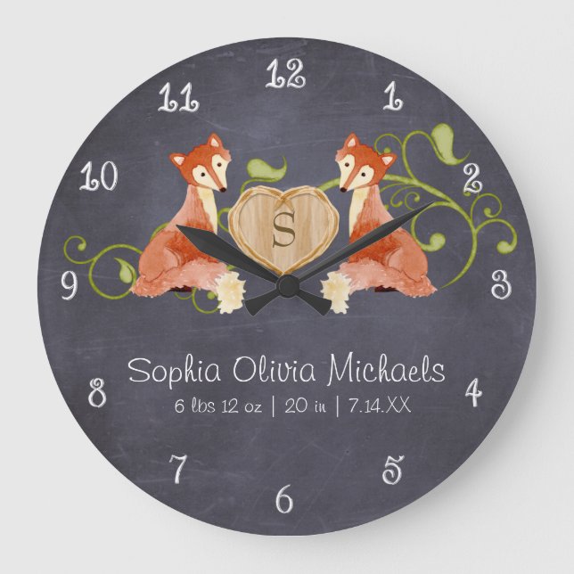 Woodland Animal Creatures, Fox n Vines Newborn Large Clock (Front)