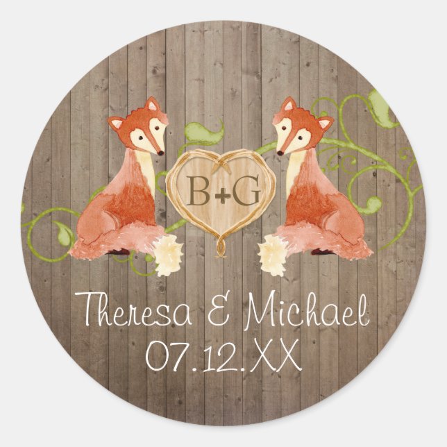 Woodland Animal Creatures, Fox n Vines Weddings Classic Round Sticker (Front)