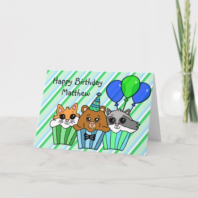 Woodland Animal Cupcakes, Fox, Racoon and Bear Card (Front)