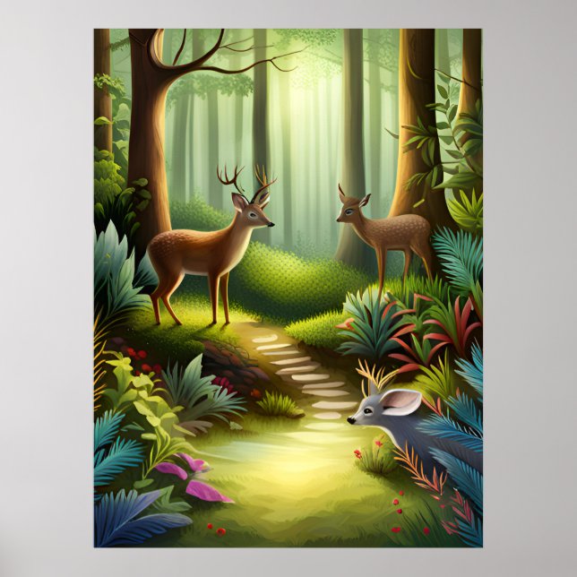 Woodland Animal Deer in Forest AI Generative Poster (Front)