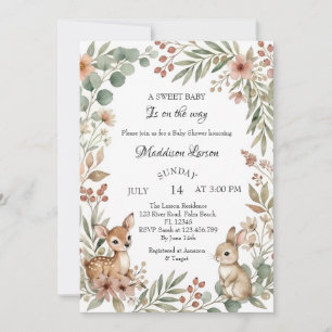 Woodland Animal Deer Rabbit Sage Green Baby Shower Invitation