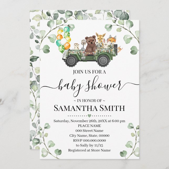 Woodland Animal Drive Through Baby Shower Invitation (Front/Back)