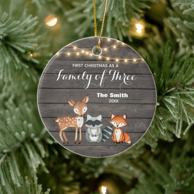  Woodland Animal First Christmas as a Family of 3 Ceramic Ornament (Tree)