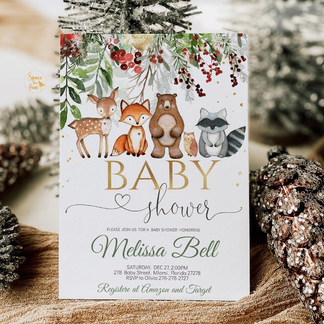 Woodland animal Forest Baby Shower Invitation (Woodland Forest Animal Baby Shower invitation with cute forest creatures like deer, foxes, and bears)