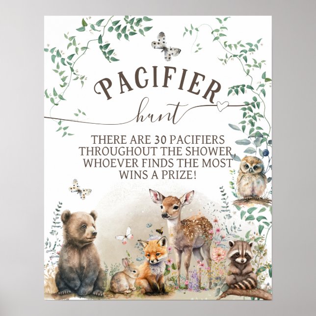 Woodland animal forest greenery Baby Shower game Poster (Front)