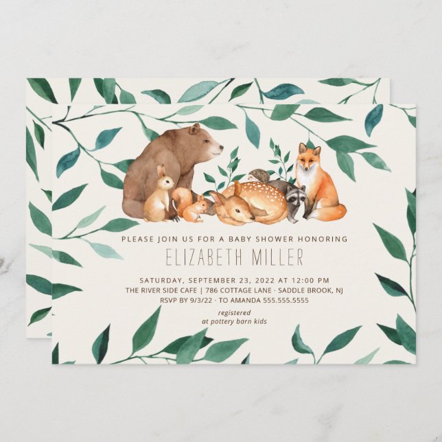 Woodland Animal Friends Baby Shower Invitation (Front/Back)