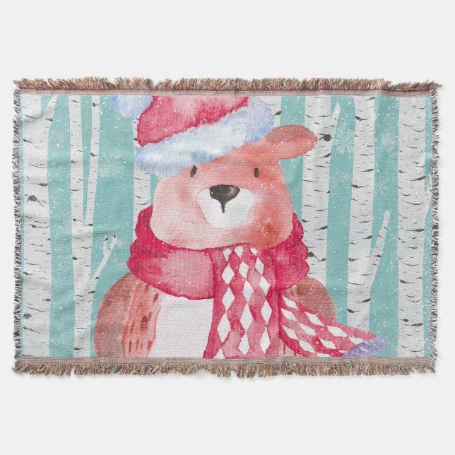 Woodland Animal Friends in Winter Forest- Bear Throw Blanket (Front)
