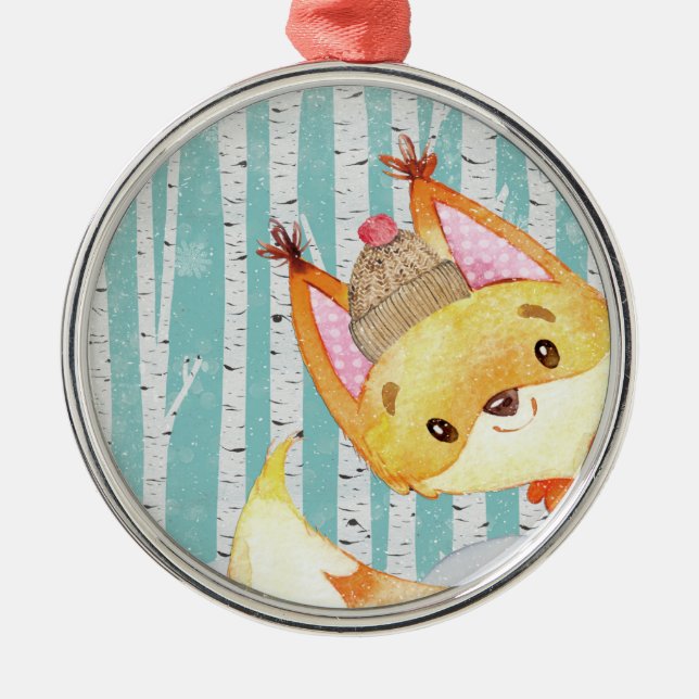 Woodland Animal Friends in Winter Forest-Fox Metal Ornament (Front)