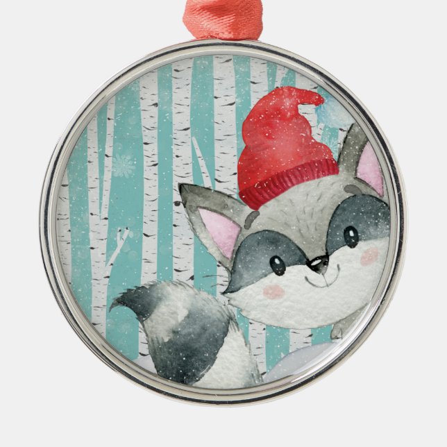 Woodland Animal Friends in Winter Forest- Racoon Metal Ornament (Front)