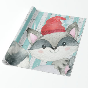 Woodland Animal Friends in Winter Forest- Racoon Wrapping Paper